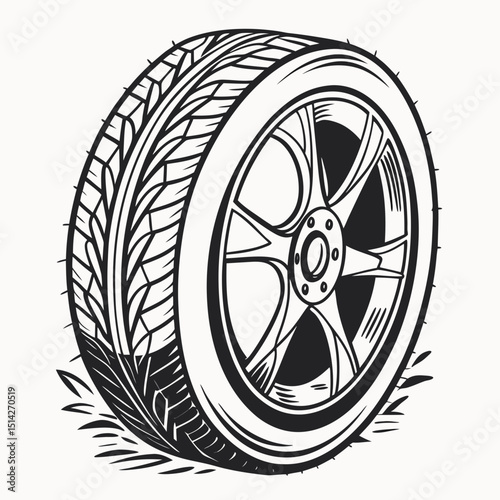 Stylish car wheel tire design black and white illustration