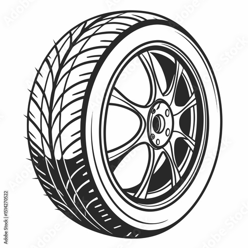 Stylish black and white car tire and rim illustration