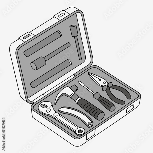 Open toolbox with assorted hand tools hammer pliers screwdriver wrench