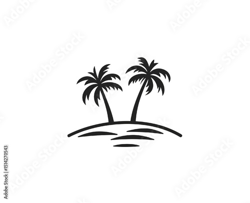 Simple black and white silhouette of two palm trees on a small island beach design