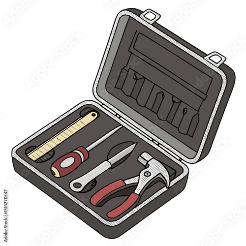Open toolbox with basic hand tools ruler screwdriver pliers hammer