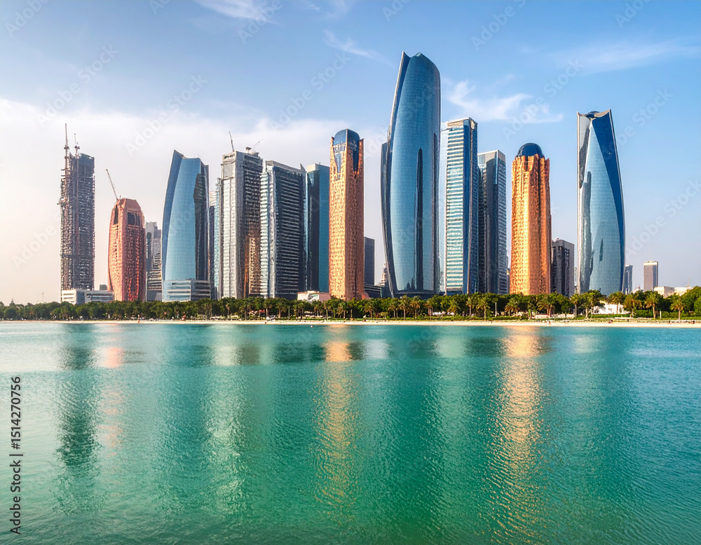 Fototapeta premium Stunning Abu Dhabi Skyline at Sunset – Modern Architecture and Iconic Skyscrapers of UAE Capital, Perfect for Travel, Architecture, and Cityscape Projects on Adobe Stock.