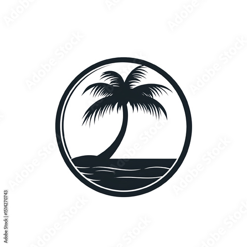 Simple tropical palm tree and ocean scene in a circle for logo design and branding