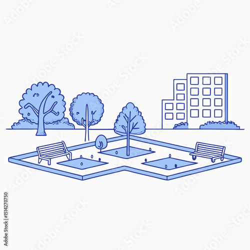 Urban park design illustration with trees benches and building