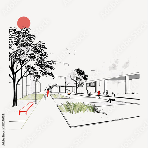 Modern city plaza sketch minimalist architecture design urban landscape