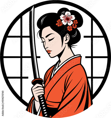 Minimalist Vector of Samurai Geisha Woman in Traditional Kimono with Katana