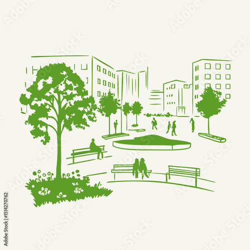 Urban park green space city life people trees benches buildings sketch illustration