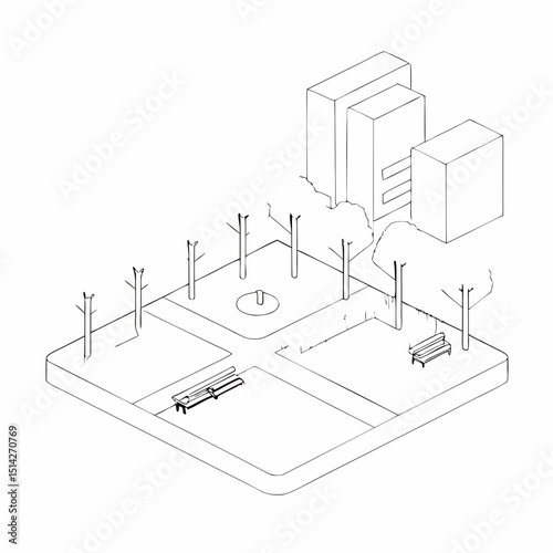 Isometric drawing of a city park with buildings and benches