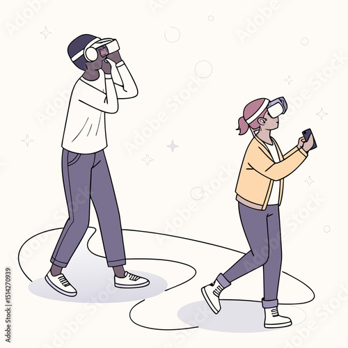 Two people experiencing virtual reality using vr headsets