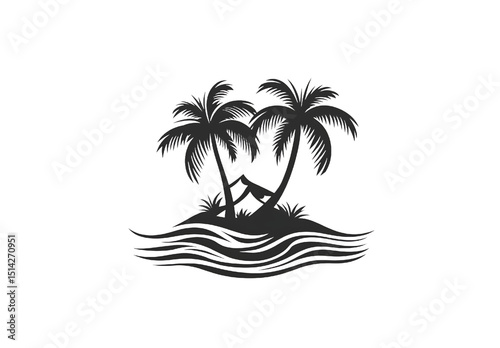 Tropical island silhouette featuring two palm trees in a minimalist black and white design