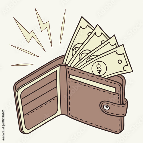 Open brown leather wallet with cash spilling out on white background