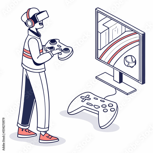 Person wearing vr headset playing video games on computer