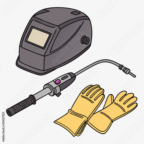 Welder safety equipment helmet gloves torch industrial work