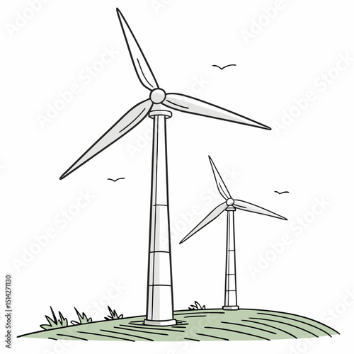 Two wind turbines generating clean energy on a hilltop