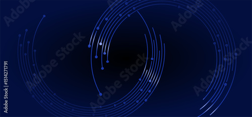 Dark blue backdrop with curved lines and dots forming a techy design