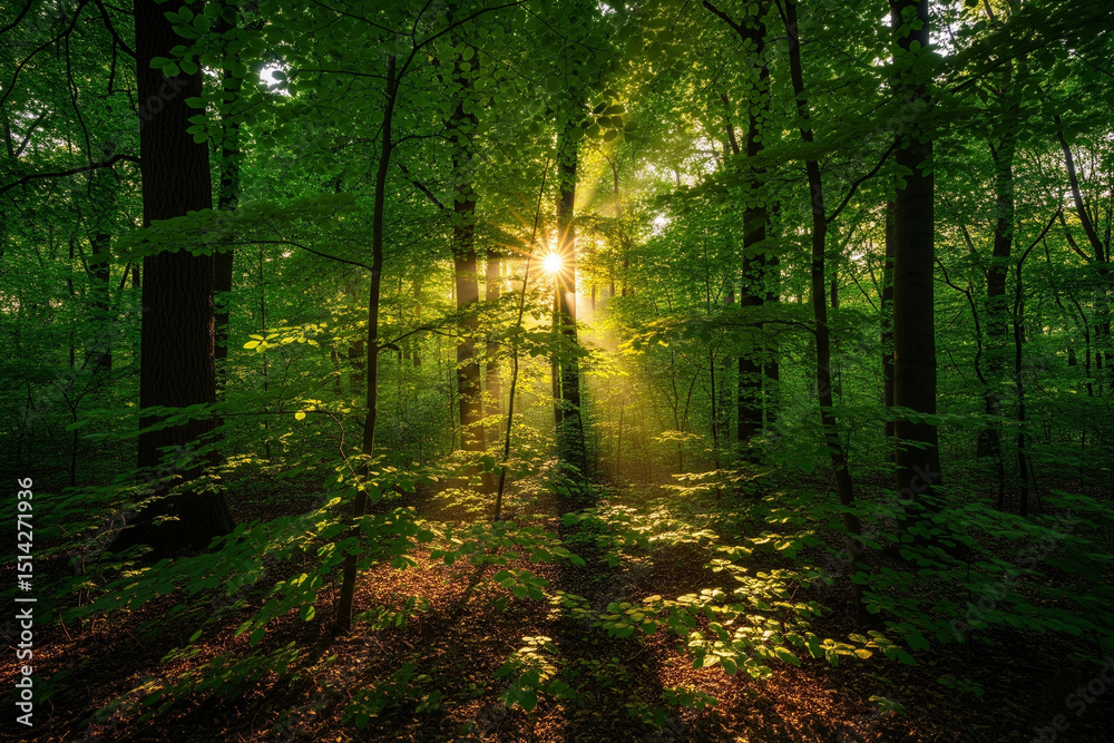 Fototapeta premium Sunlight filtering through thick green forest canopy, realistic photo