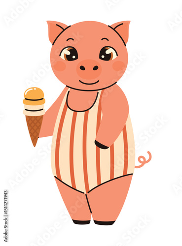 Image in children's style. Pig in a swimsuit eats ice cream. Flat vector illustration.
