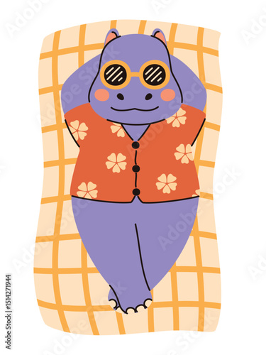 Image in children's style. Hippopotamus in a shirt on a blanket. Flat vector illustration.