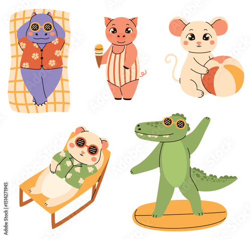 Set of images in children's style. Cute animals are relaxing on vacation. Crocodile, hippopotamus, hamster, mouse, pig. Flat vector illustration.