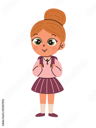 Cute schoolgirl in school uniform with backpack. Flat vector illustration.