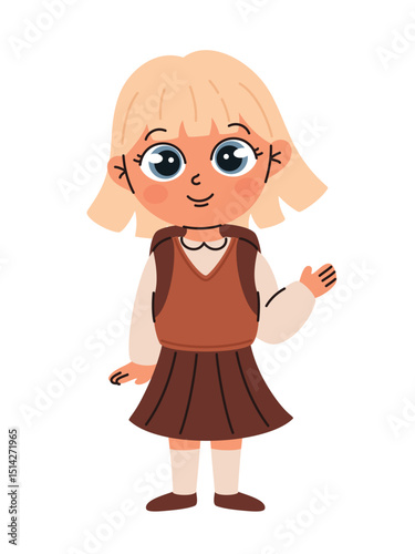 Cute schoolgirl in school uniform waving hand. Flat vector illustration.