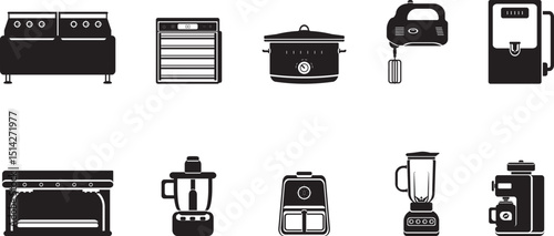 Black and white vector icon set of kitchen appliances, including deep fryer, dehydrator, mixer, blender, air fryer, and espresso machine.