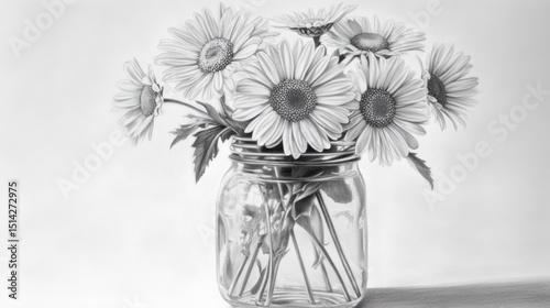 A grayscale still life of daisies in a mason jar