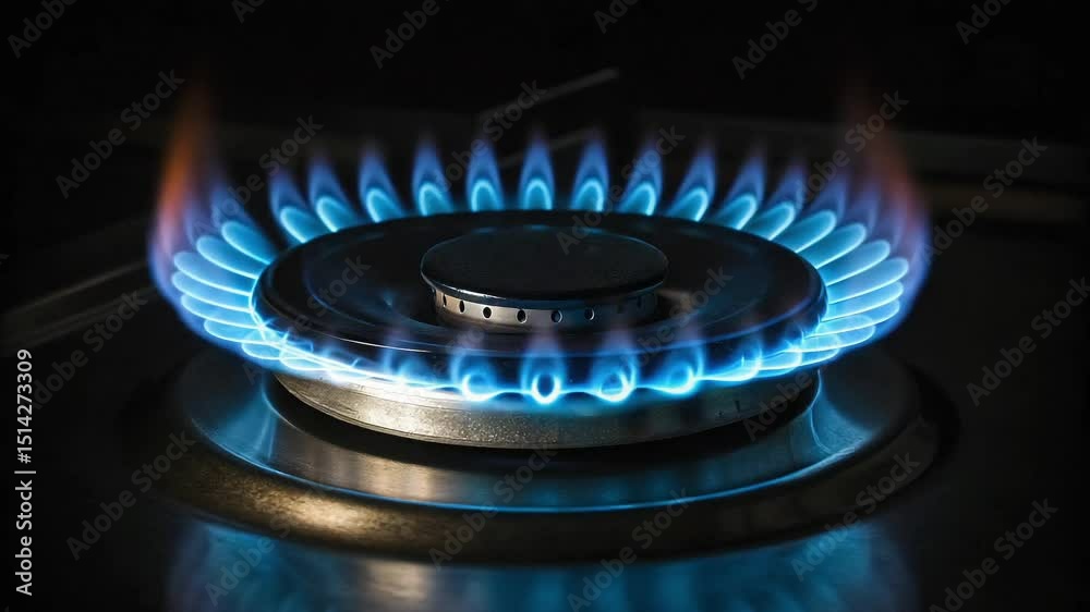  Blue flame produced by gas Gas burner against a dark backdrop Ignition of natural gas in stove burner close-up view
