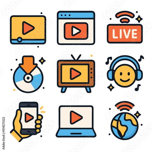 Nine colorful icons for media streaming suitable for web design, social media, presentations, app development, streaming services, and online platforms.