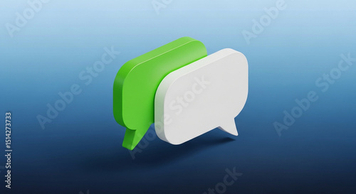 Contemporary visual with overlapping speech bubbles in white and green, rendered in isometric 3D over a calm gradient blue background in a minimalist style.