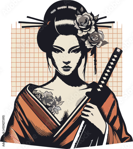 Tattooed Samurai Geisha Woman Holding Katana - Vector Illustration