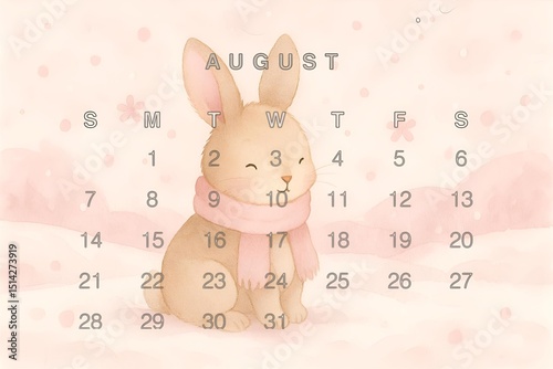 Adorable hand-painted rabbit wearing scarf on August monthly calendar 2029 with soft pastel flowers, for children's room decor, nursery planning, baby shower