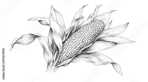 Detailed black and white drawing of an ear of corn