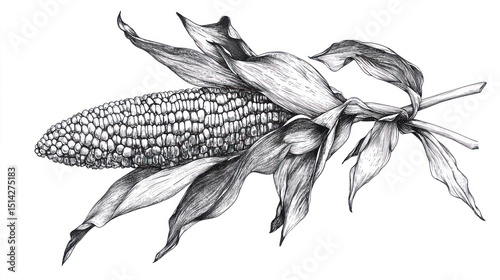 Detailed black and white illustration of a corn cob