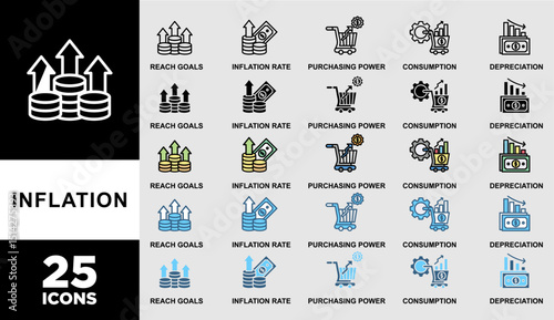  INFLATION icon set with various styles and colors of the price level, inflation rate, purchasing power, consumption, and depreciation