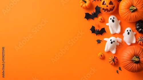 Halloween flatlay featuring pumpkins, ghosts, bats, and confetti on an orange background, leaving ample copy space