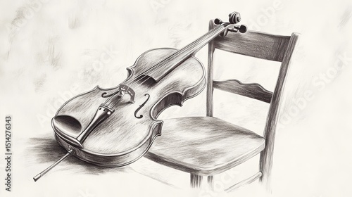 Still life drawing of violin and chair