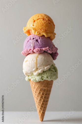 Colorful tower of stacked ice cream scoops in a crispy cone A sweet and refreshing treat