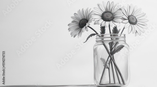 Still life of daisies in a glass jar. A grayscale image of three daisies in a clear glass mason jar against a light gray background