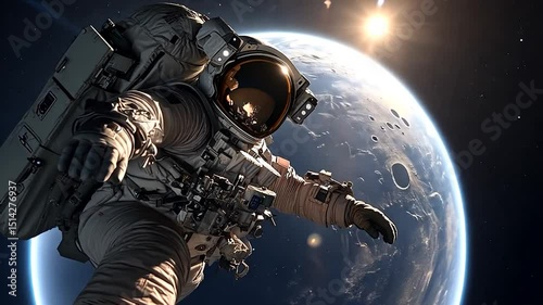 Astronaut spacewalk above Earth, sunlit planet in background.  Dramatic lighting, detailed spacesuit, realistic space scene. 4K resolution