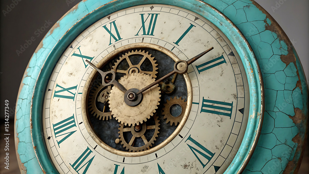 Fototapeta premium Detailed close up of an antique clock face displaying roman numerals and intricate gears within a vintage setting.