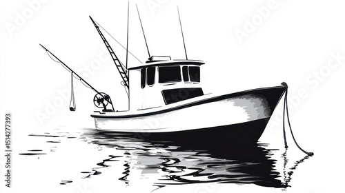 Fishing boat on water, graphic illustration