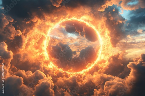 Apocalyptic fiery ring portal opens in dramatic storm clouds over dark mountainous landscape