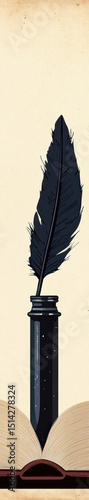 Vintage quill pen in an inkwell, open book
