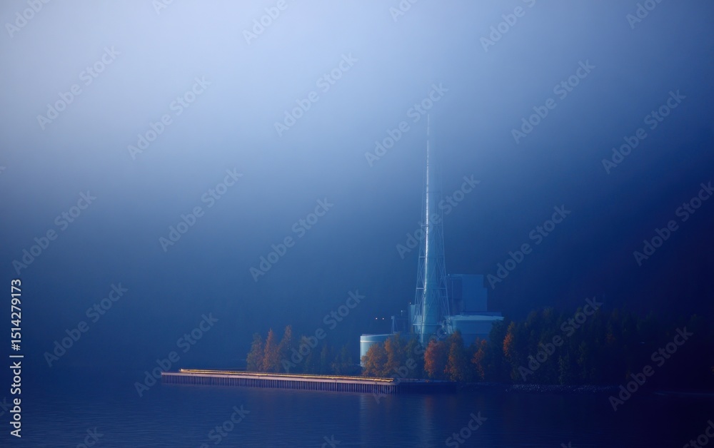 Fototapeta premium Misty architectural scene by water