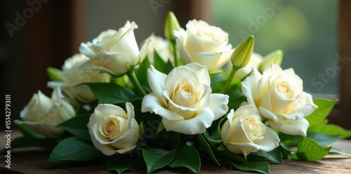 Elegant white roses and lilies arranged within a hearse, somber yet serene day , hearse, tribute