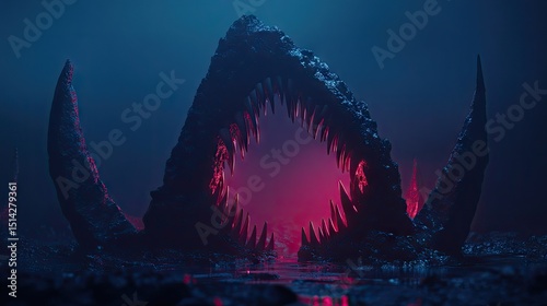 A massive, dark creature's gaping maw in a vibrant, moody scene.