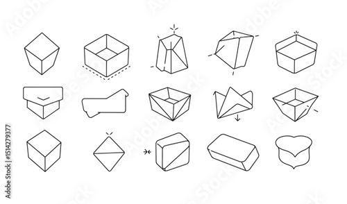 Abstract minimalist line art illustrations of boxes packaging shapes and origami style designs