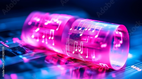 Glowing pink cylinders etched with musical notes rest on a reflective surface displaying a blurred musical score in vibrant blue and pink hues
