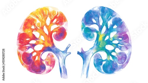 Vibrant, stylized anatomical illustration of a pair of human kidneys, depicted in a watercolor-like technique with warm and cool color palettes